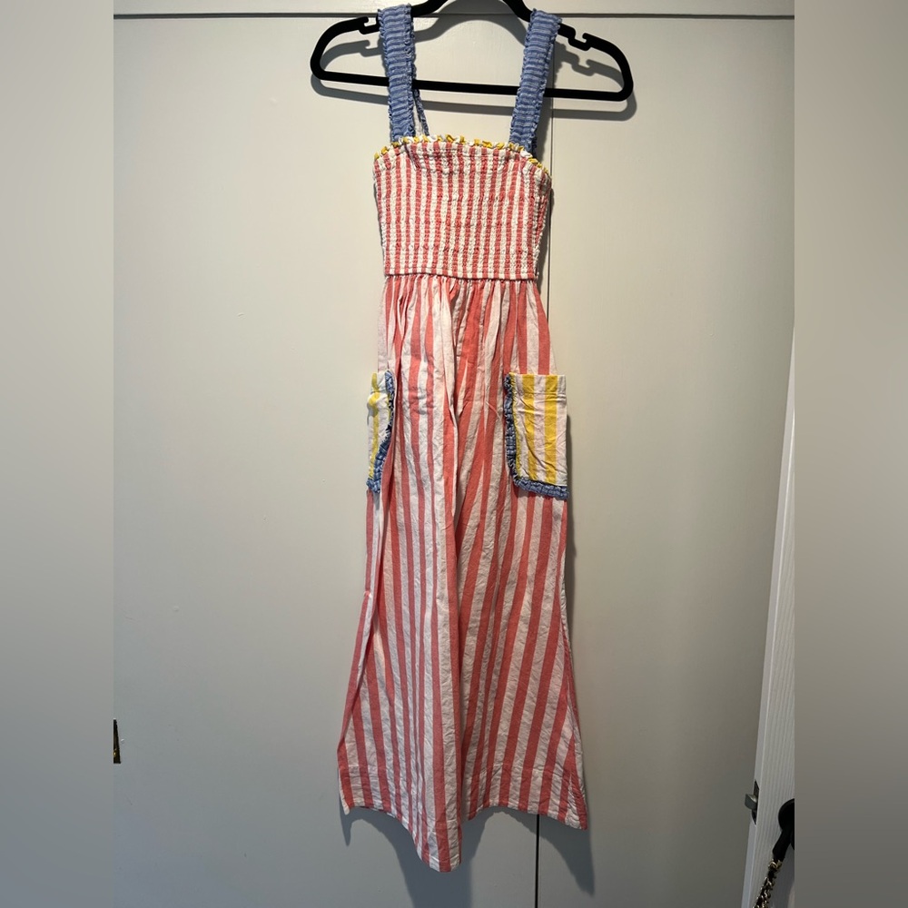 RHODE - Smocked Striped Red and White Maxi Dress with Blue Straps, Size XS